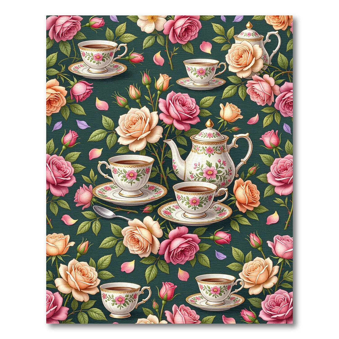 Tea Party Rose Botanical Forest Green Rug