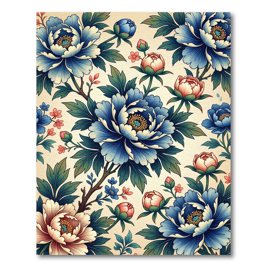 Botanical Blue Peony Floral Tapestry Rug