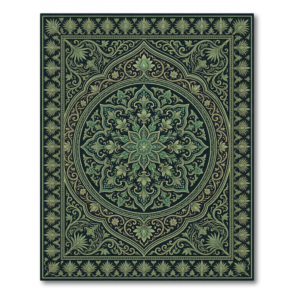 Emerald Green Floral Medallion Frame Rug