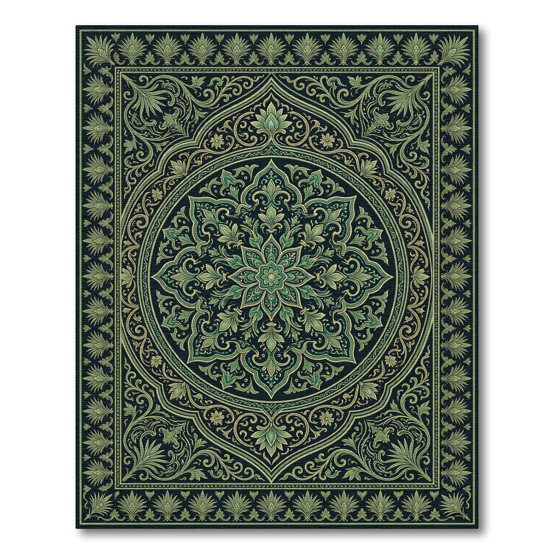 Emerald Green Floral Medallion Frame Rug