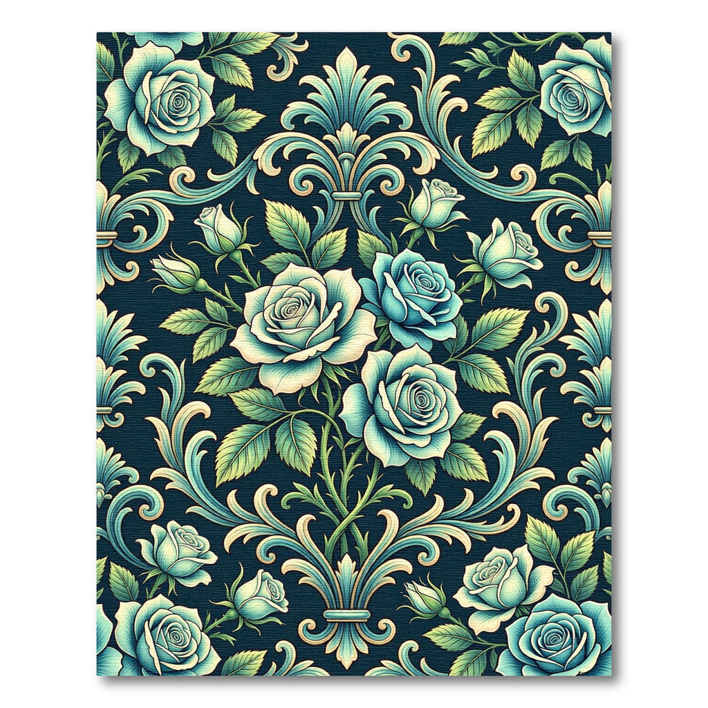 Elegant Teal Rose Damask Filigree Rug