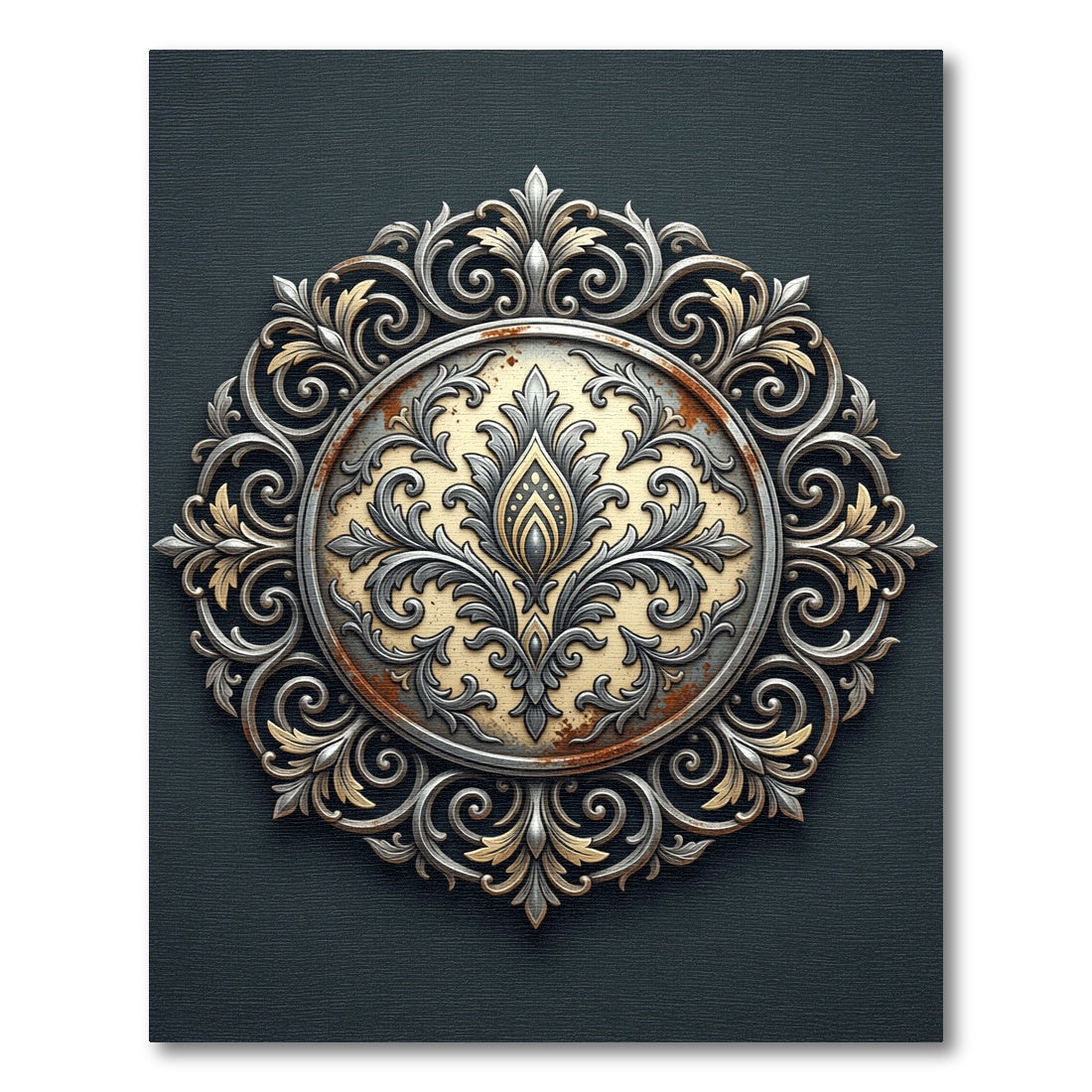 Antique Gold Silver Filigree Medallion Rug