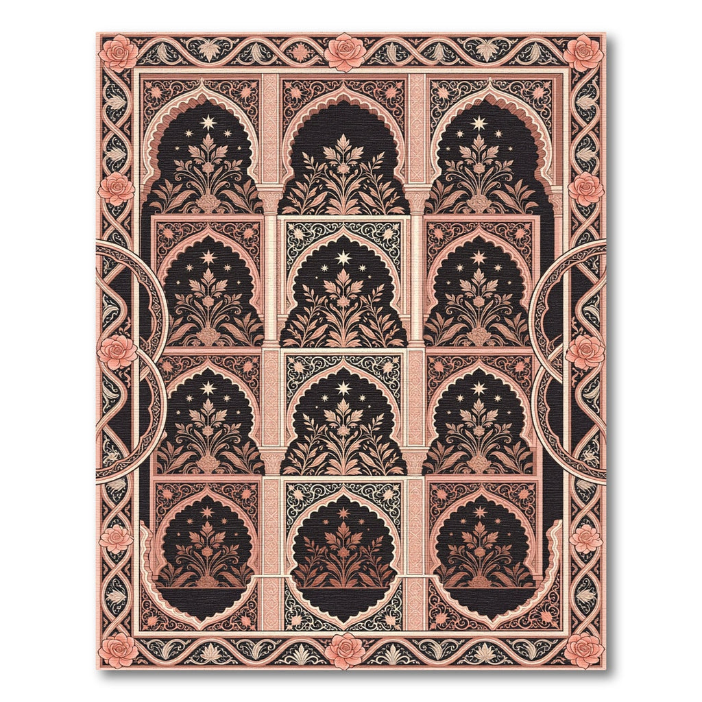 Blush Peach Ornate Arched Floral Tapestry Rug
