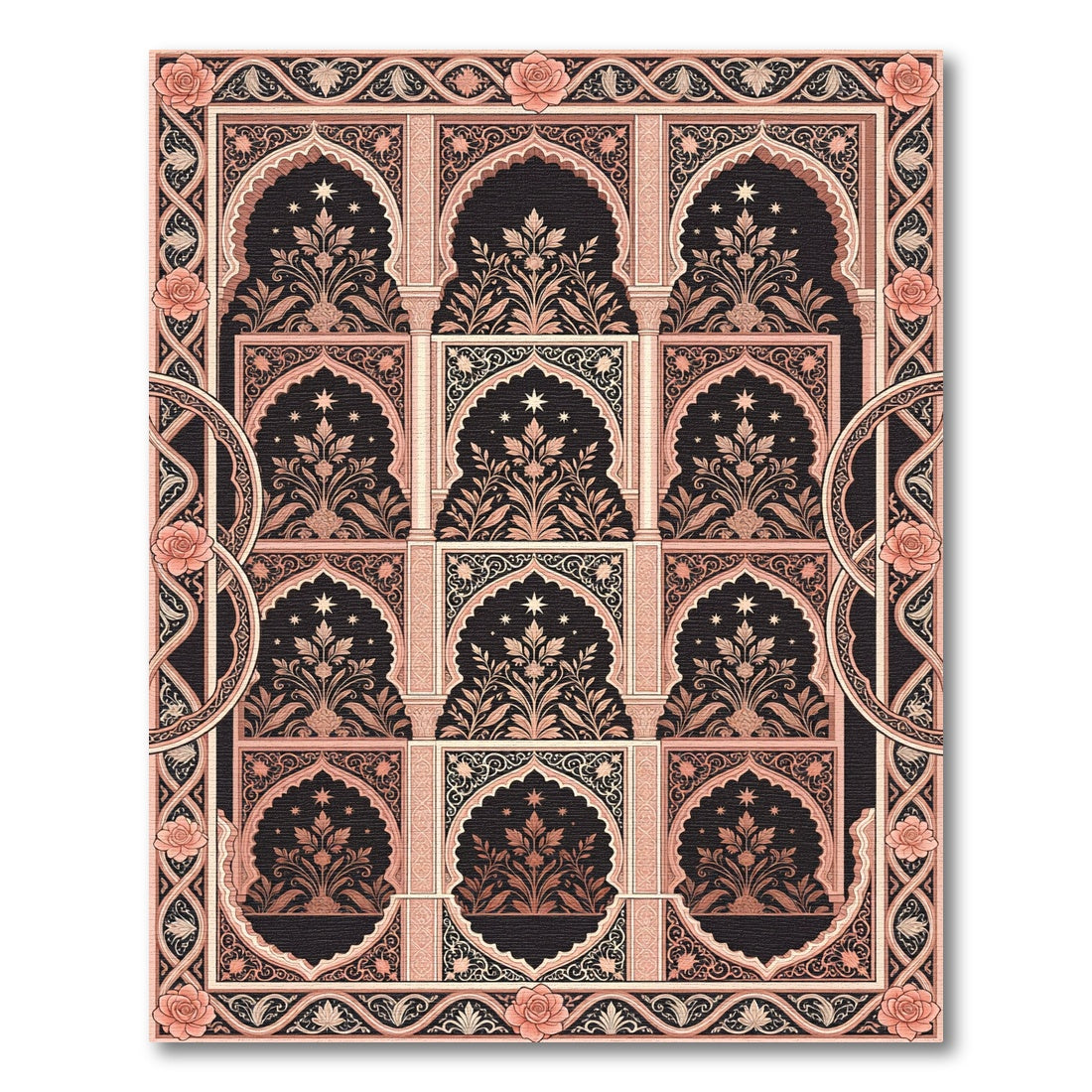 Blush Peach Ornate Arched Floral Tapestry Rug