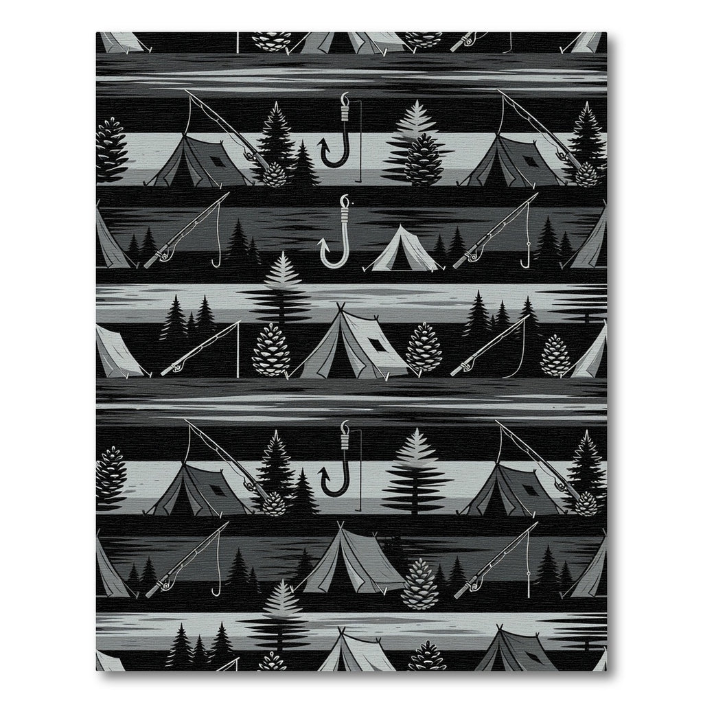 Black Gray Camping Fishing Forest Scene Rug