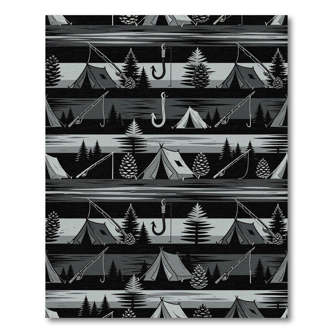 Black Gray Camping Fishing Forest Scene Rug