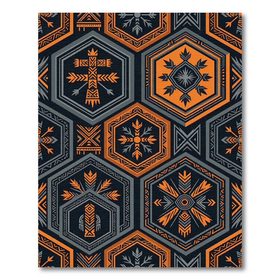 Bold Orange Grey Hexagonal Geometric Folklore Rug