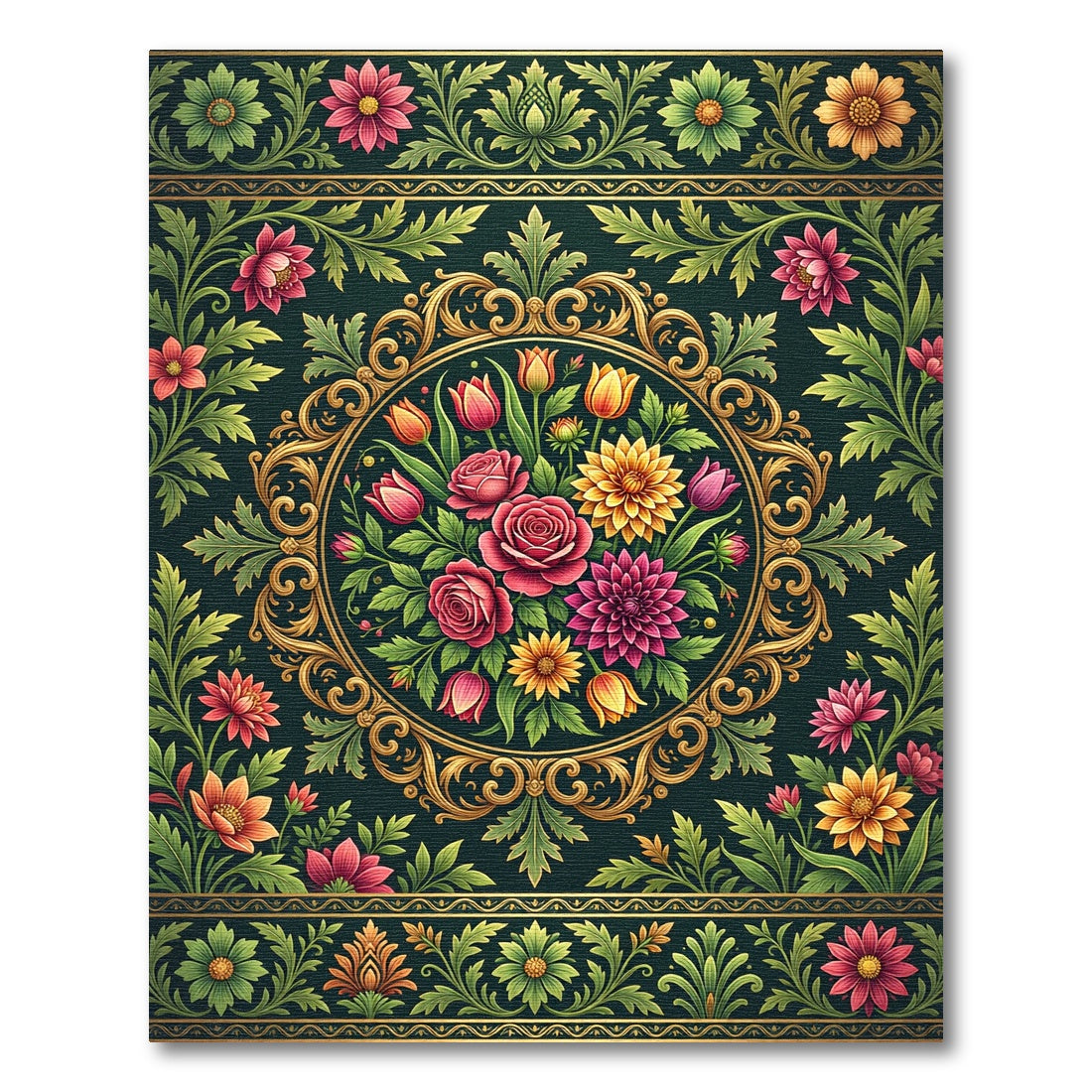 Ornate Floral Medallion Dark Emerald Rug