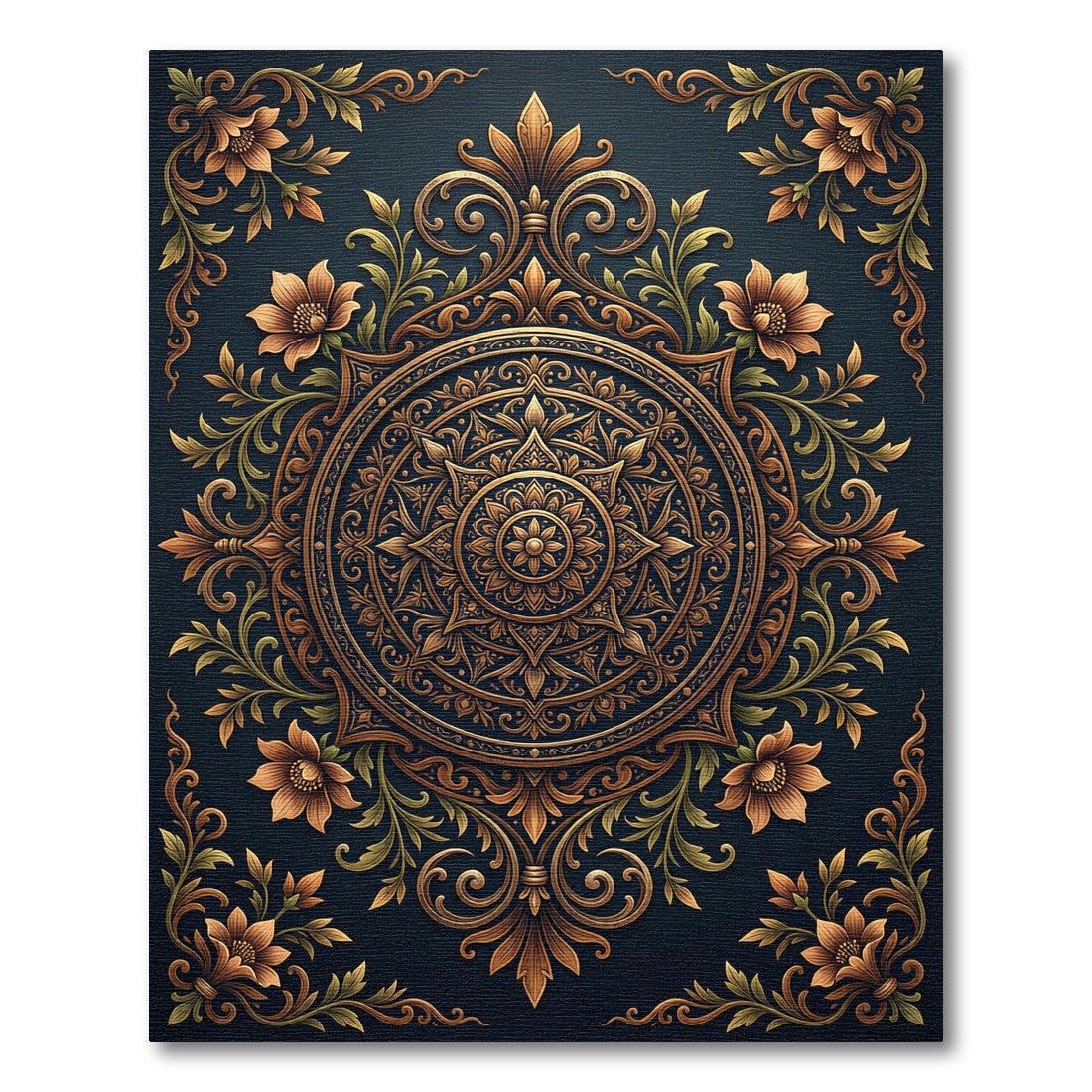 Ornate Golden Floral Mandala Navy Rug