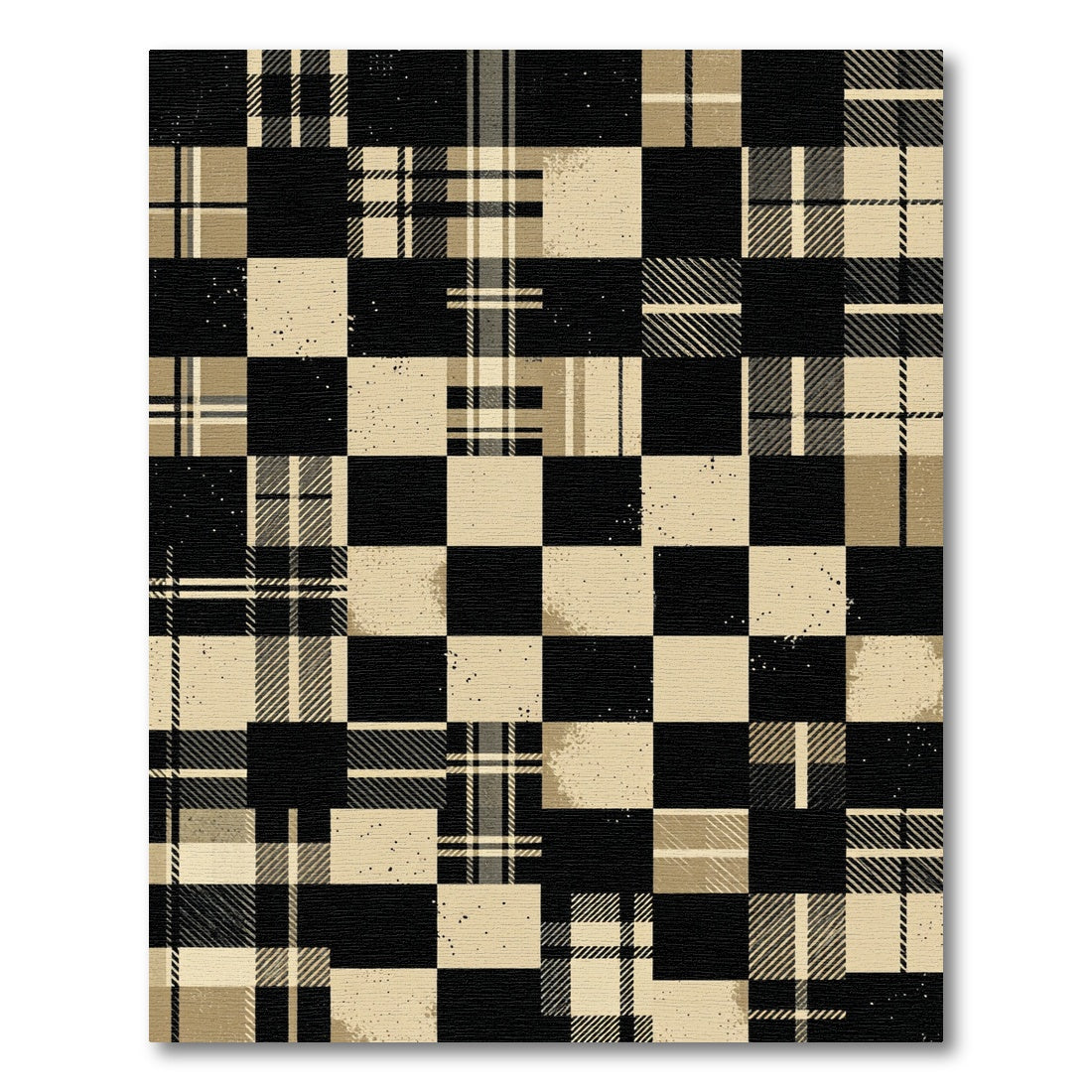 Black Tan Patchwork Plaid Squares Rug
