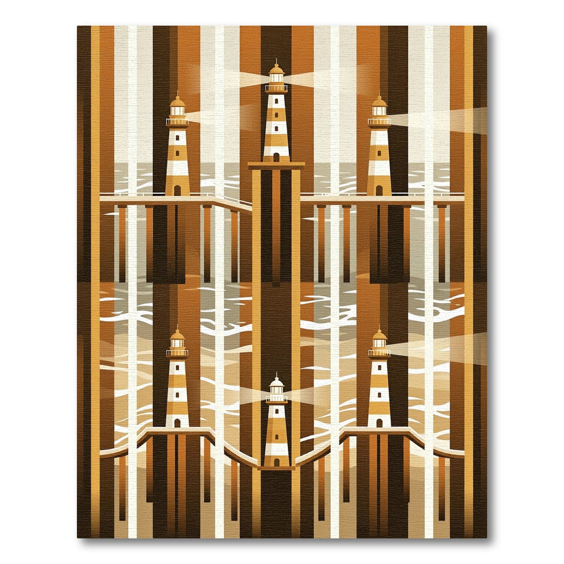 Brown Beige Striped Lighthouse Waterscape Rug