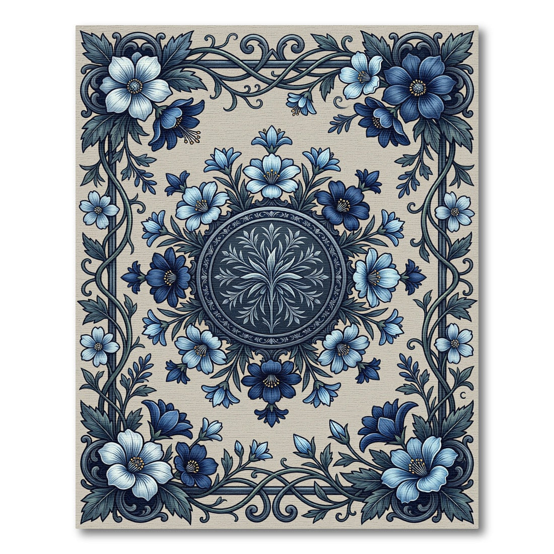 Botanical Blue Floral Medallion Scroll Rug