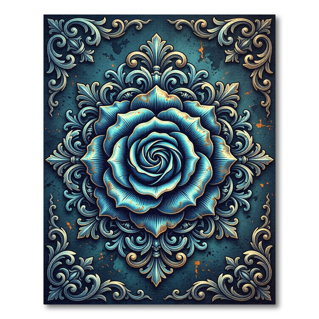Aqua Blue Floral Medallion Brocade Rug