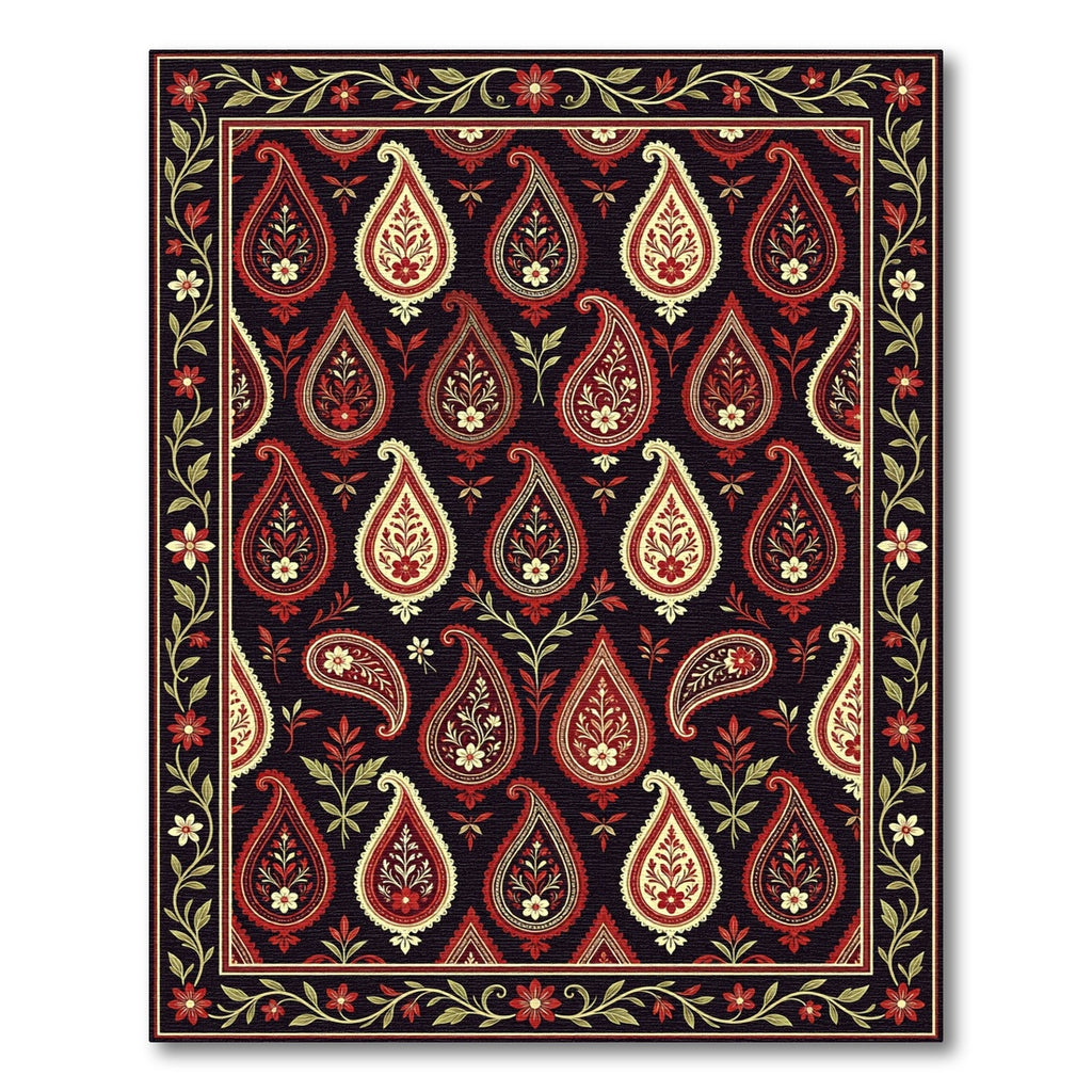 Rich Red Cream Paisley Floral Border Rug