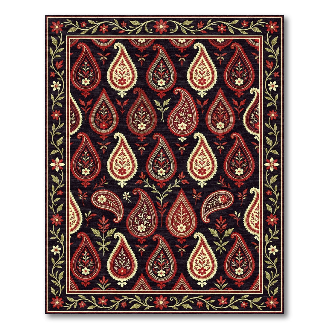 Rich Red Cream Paisley Floral Border Rug