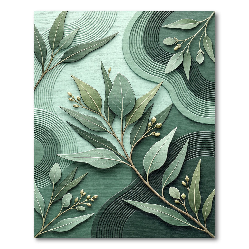 Serene Green Eucalyptus Branch Waves Rug