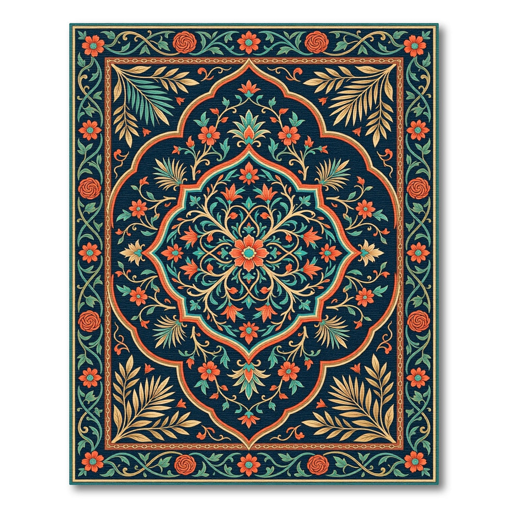 Elegant Teal and Coral Floral Medallion Rug