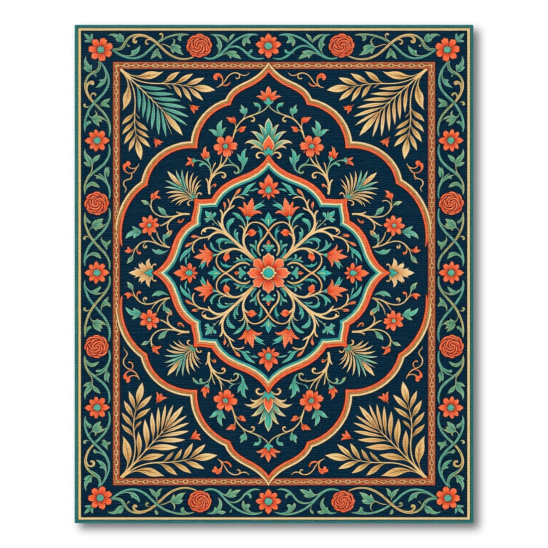 Elegant Teal and Coral Floral Medallion Rug