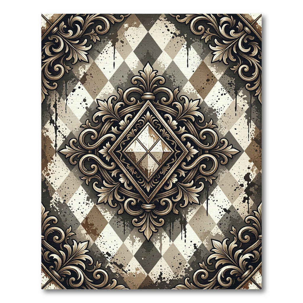 Ornate Gold Diamond Argyle Splatter Rug