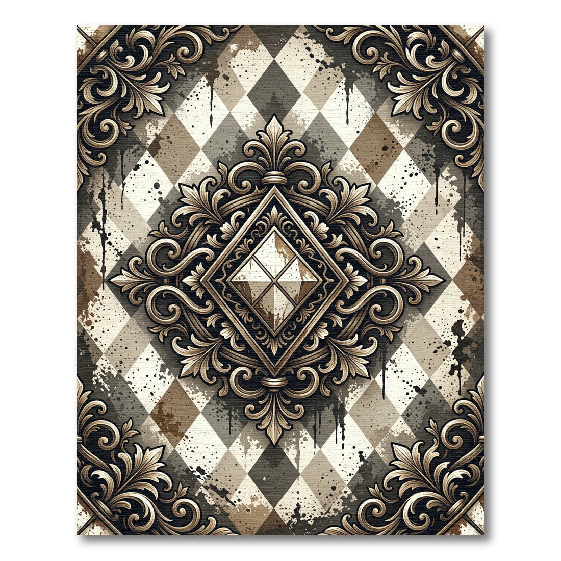 Ornate Gold Diamond Argyle Splatter Rug