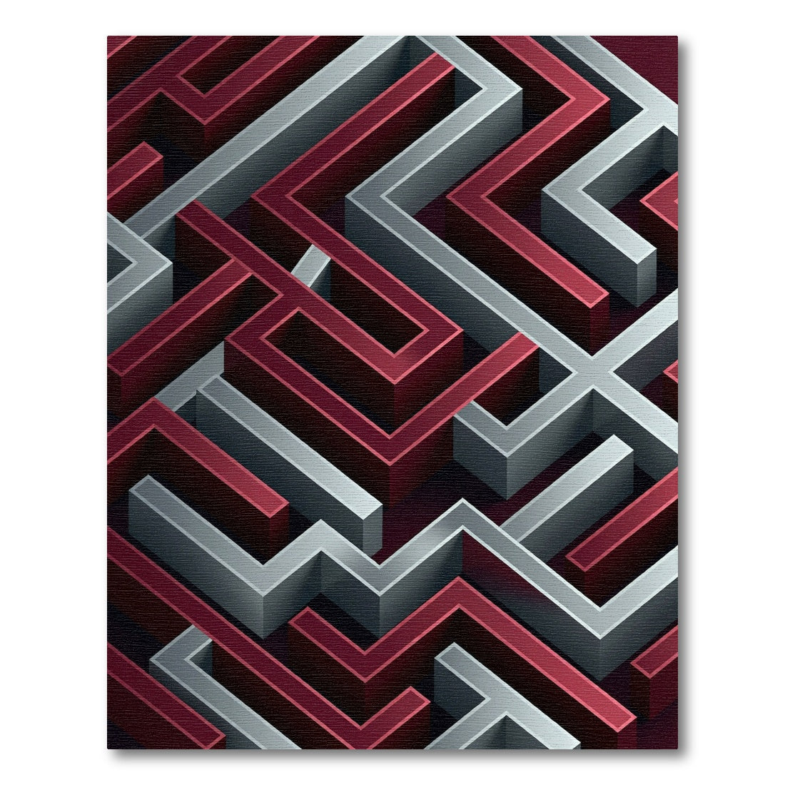 Deep Red Silver Maze Lines Rug