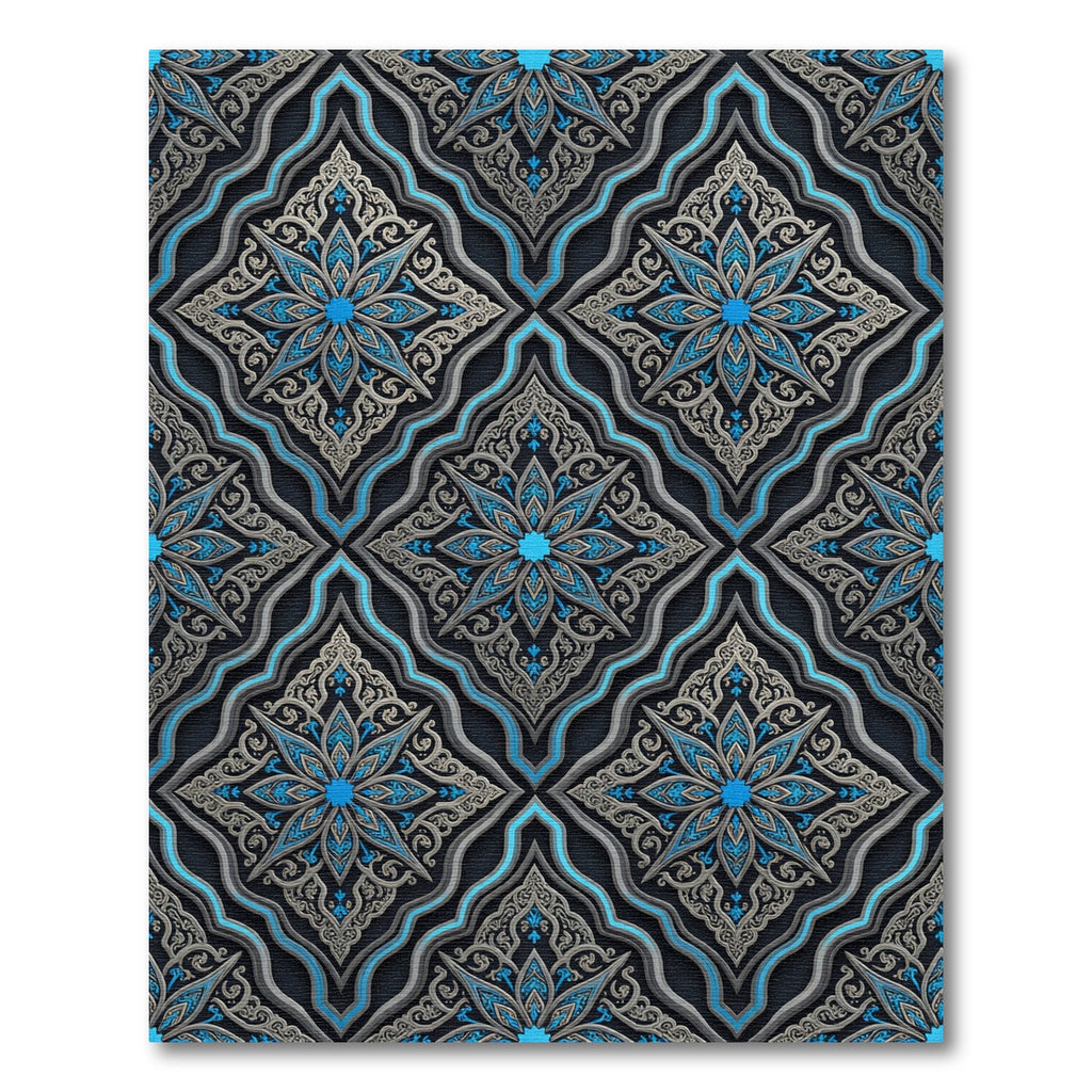 Azure Silver Ornate Damask Medallion Rug