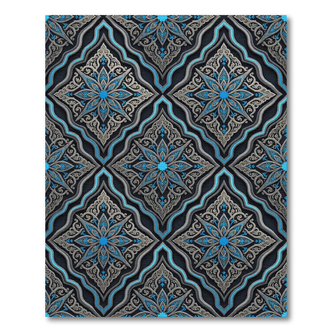 Azure Silver Ornate Damask Medallion Rug