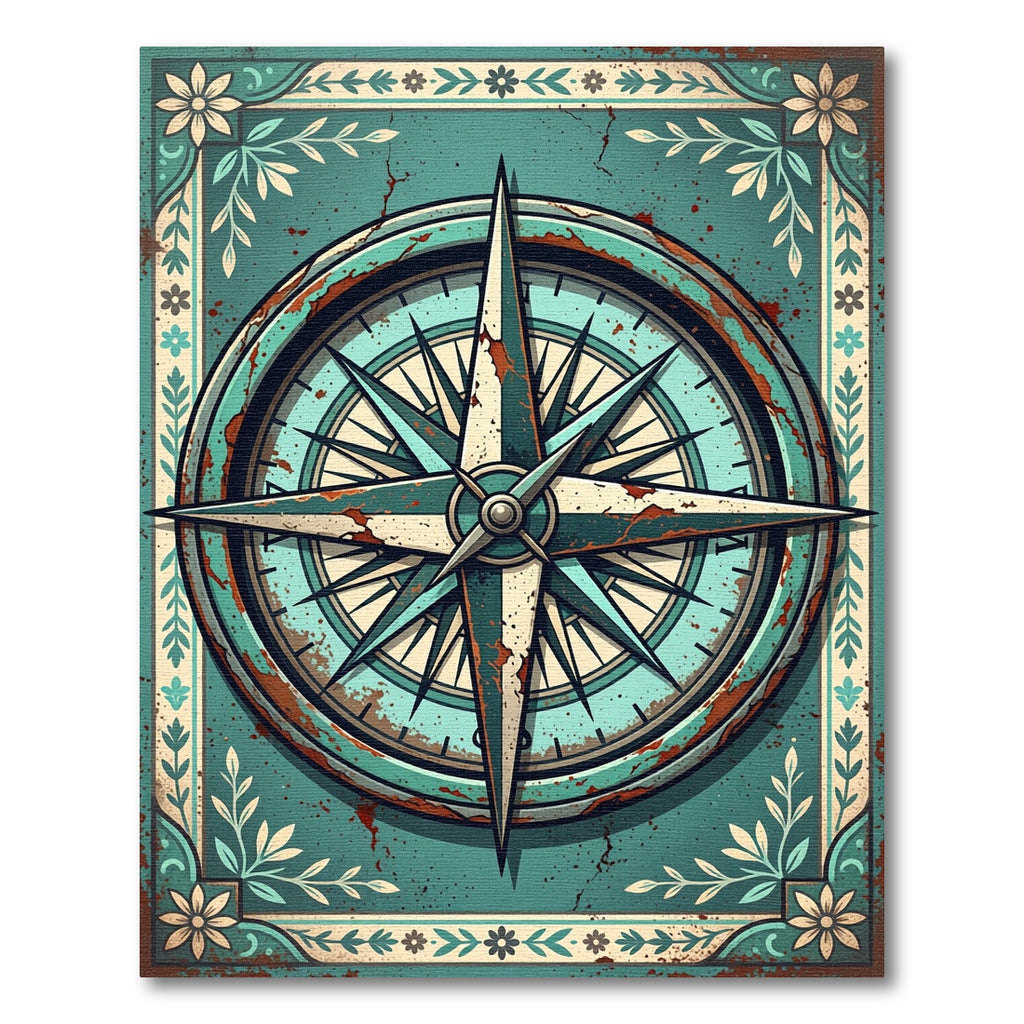 Distressed Teal Compass Nautical Wanderlust Rug