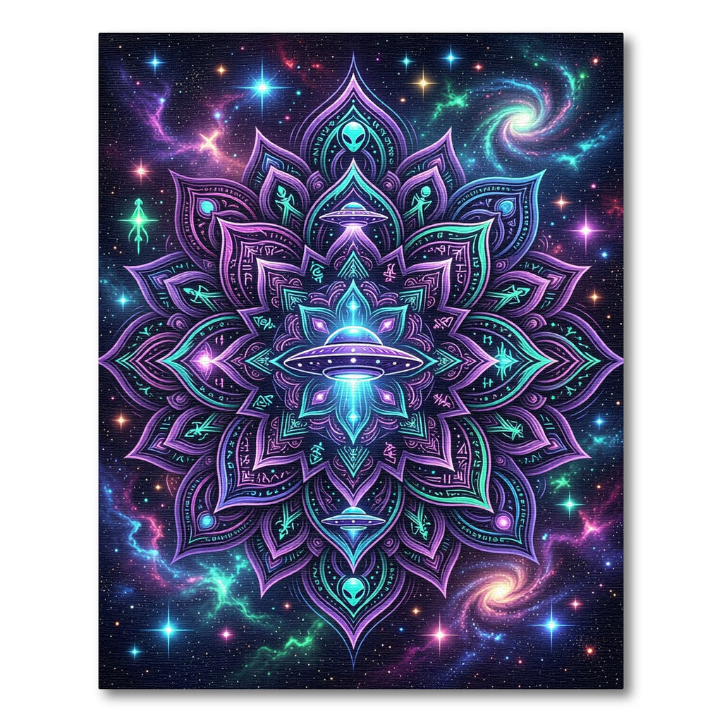 Neon Cosmic Alien UFO Mandala Rug