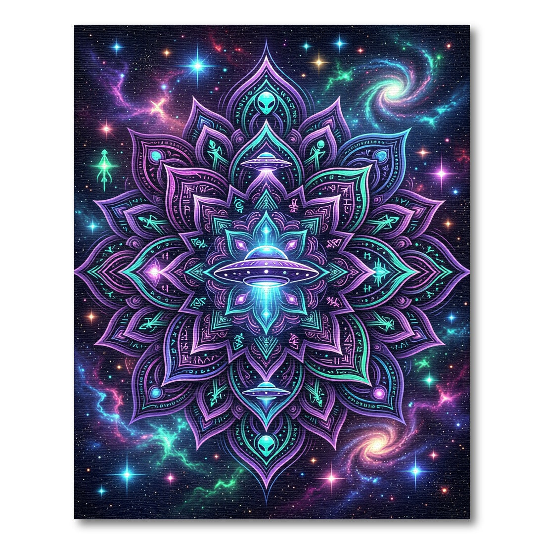 Neon Cosmic Alien UFO Mandala Rug
