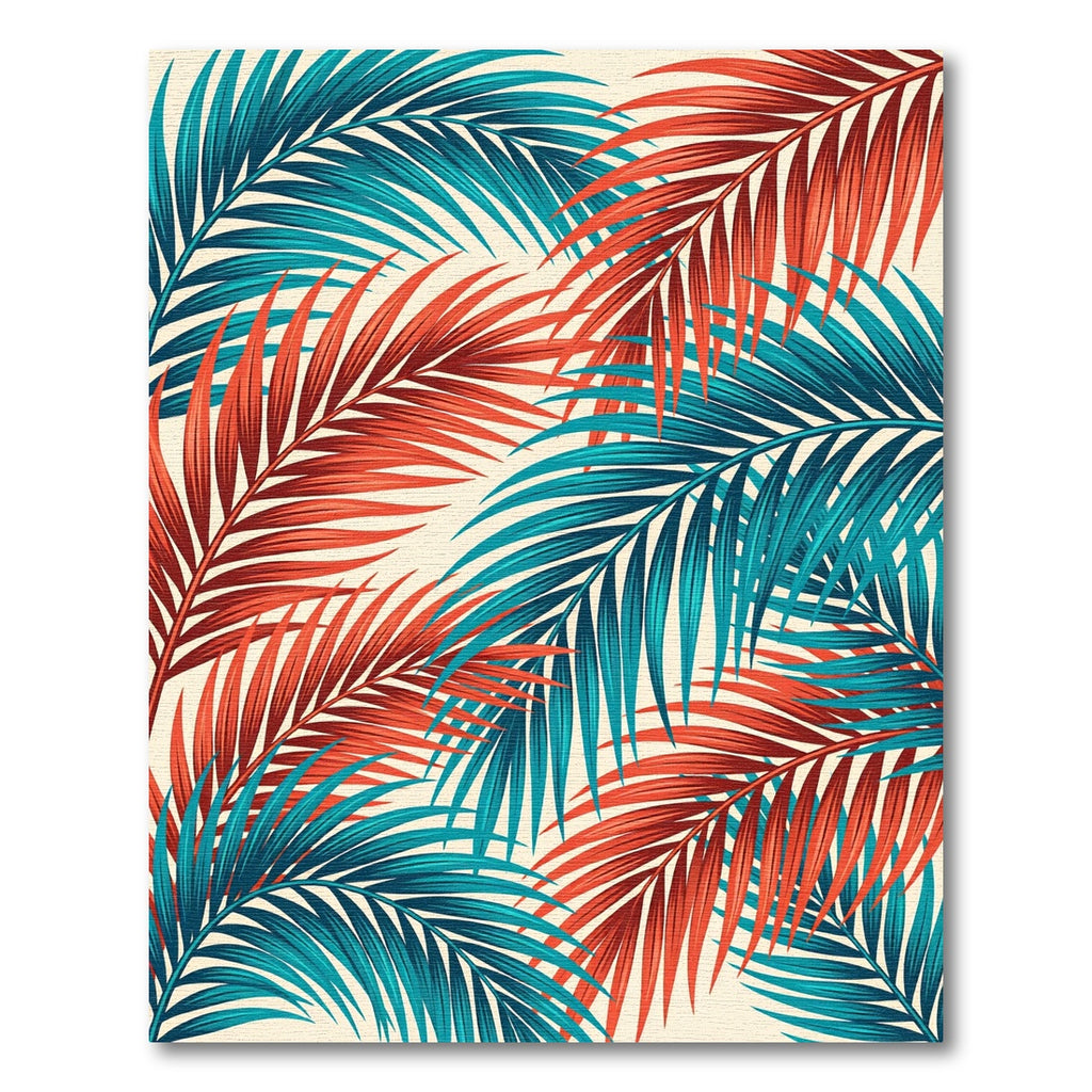 Coral Teal Palm Frond Arrangement Rug