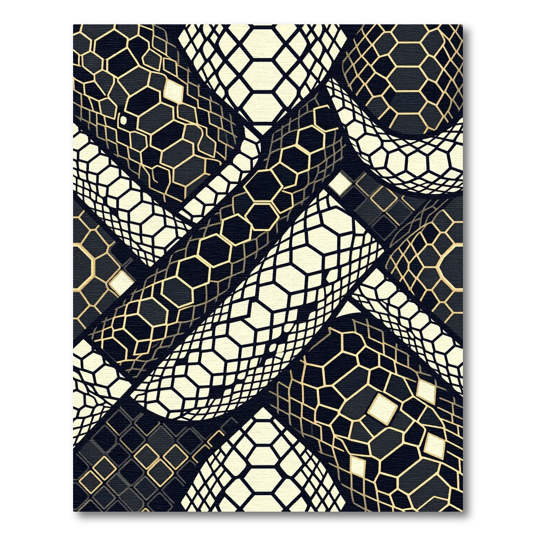 Gold and Black Geometric Hexagon Tile Rug