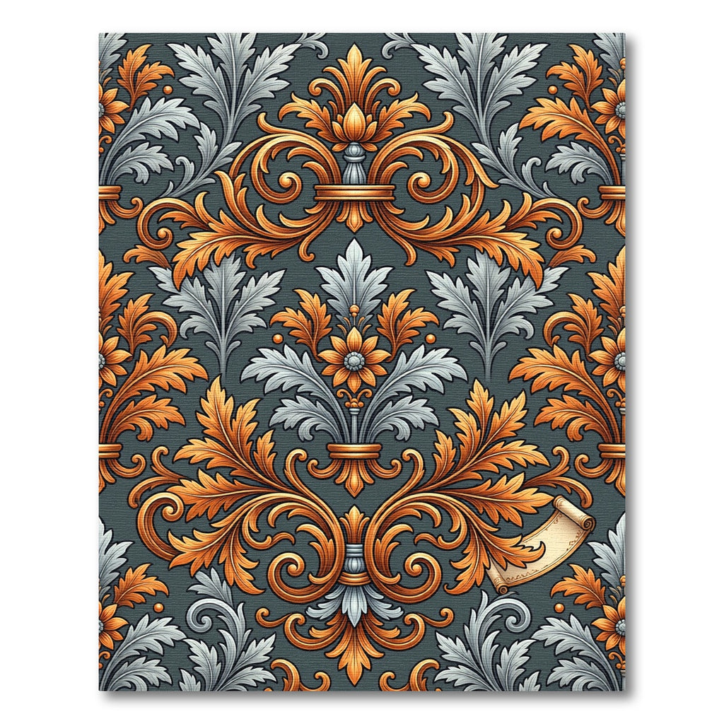 Ornate Gold and Silver Damask Rug