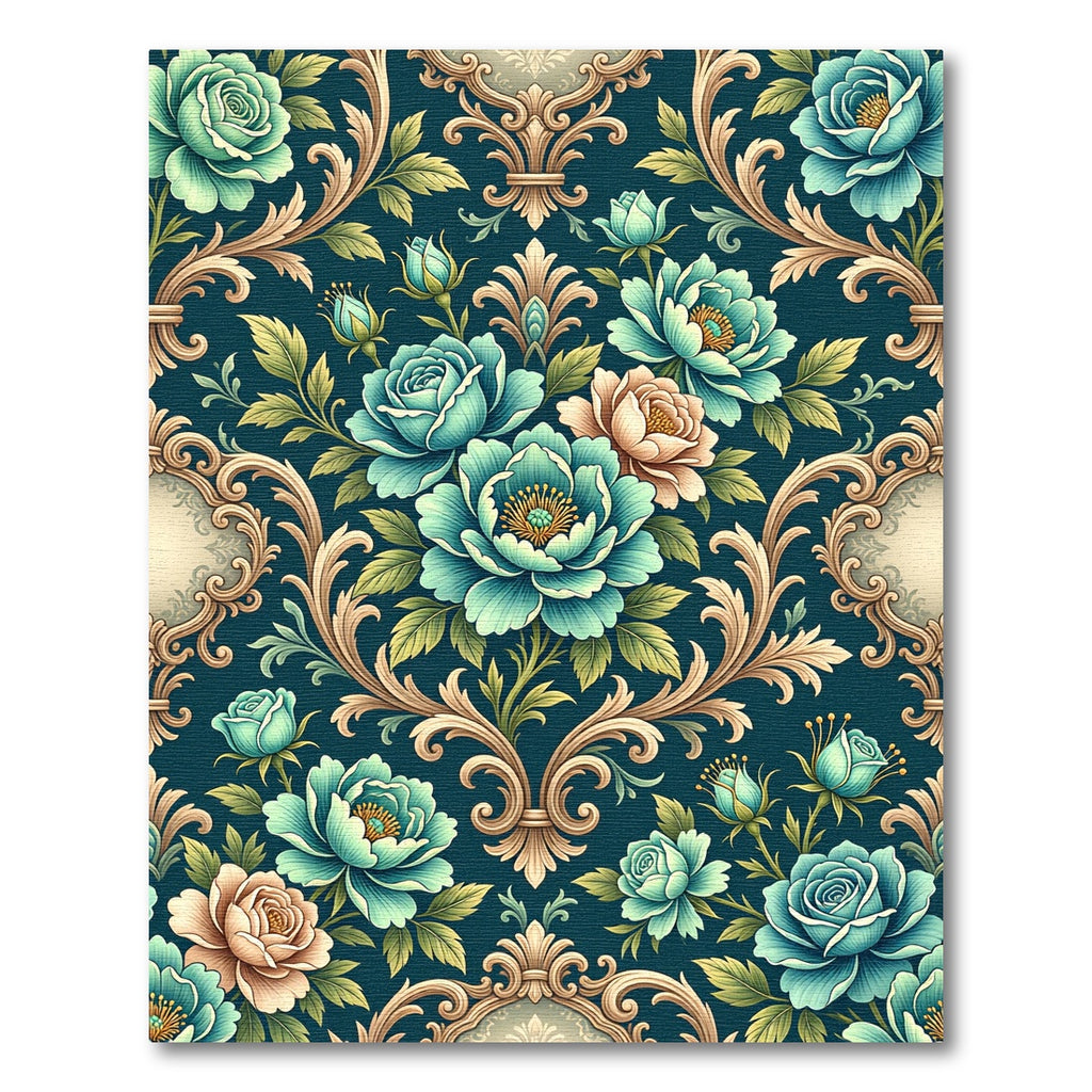 Teal Floral Scroll Baroque Rug