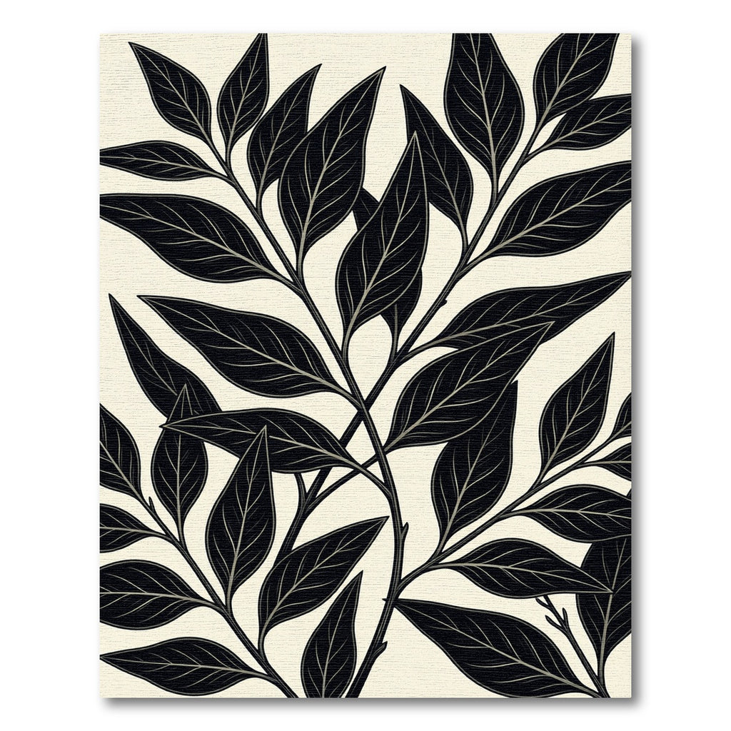 Elegant Black Leaf Branch Pattern Rug