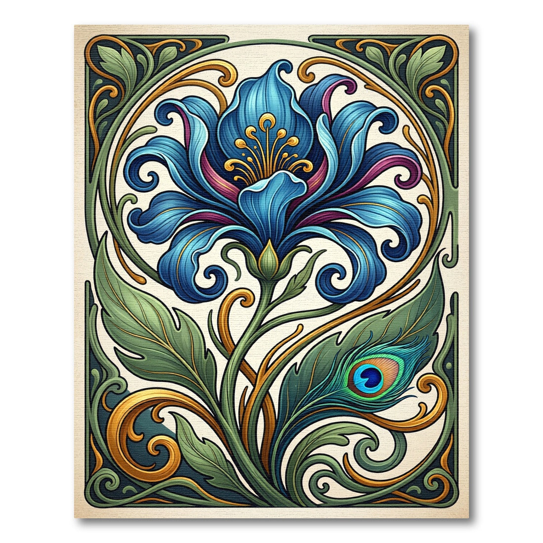 Art Nouveau Blue Lily Peacock Jewel Rug