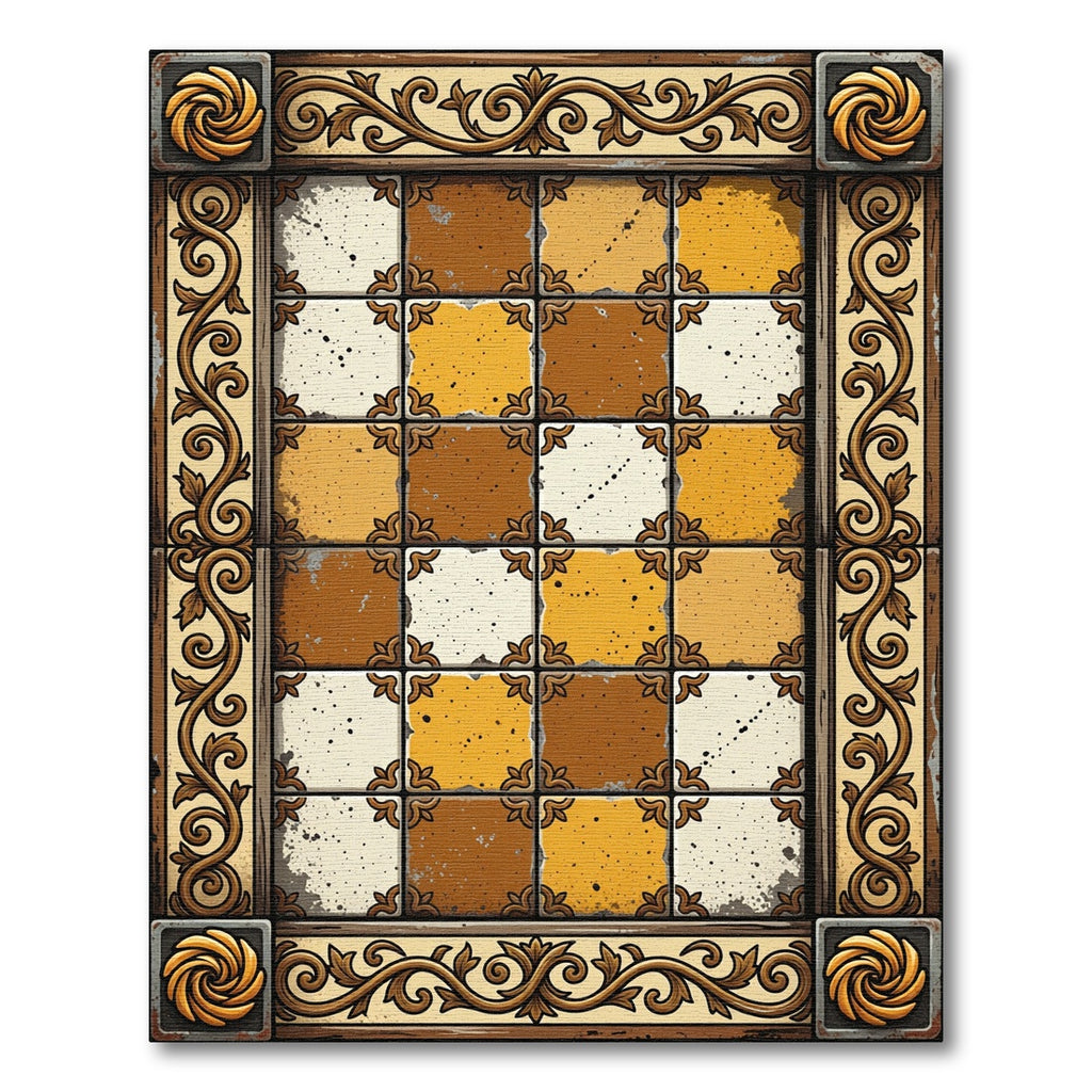 Ornate Tan and Brown Checkerboard Tile Rug