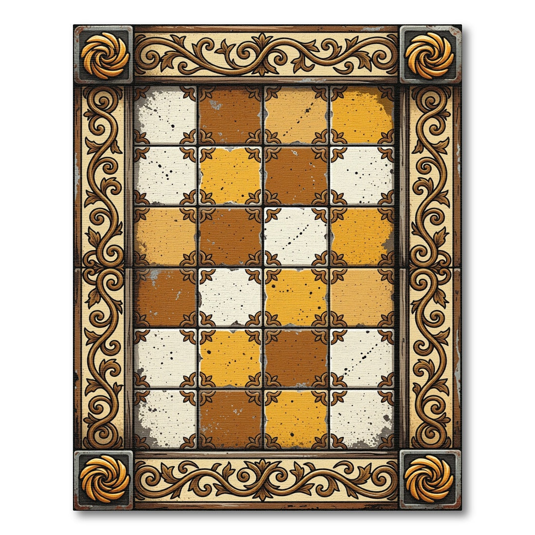 Ornate Tan and Brown Checkerboard Tile Rug