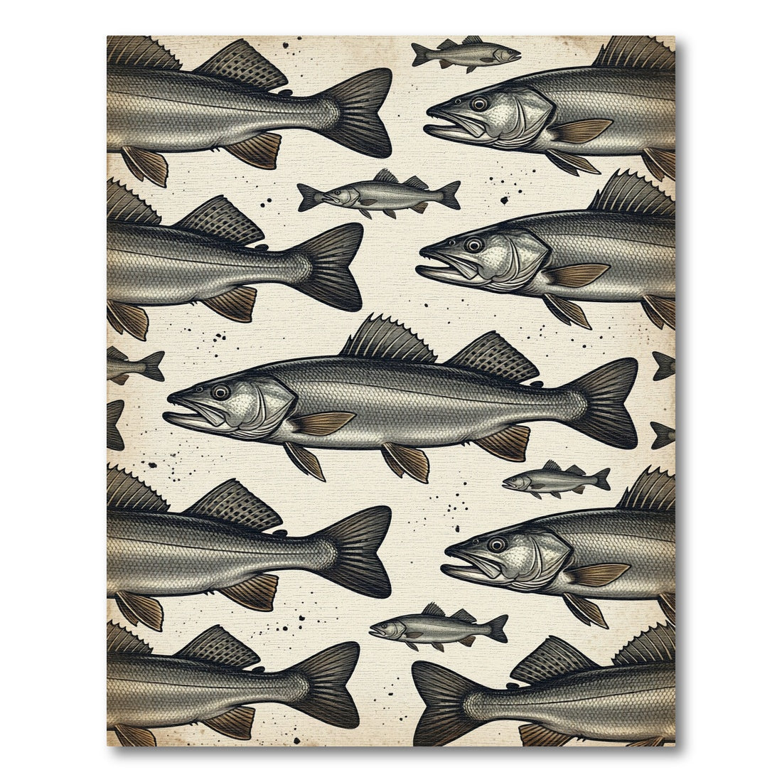 Vintage Engraved Monochrome Fish Collective Rug