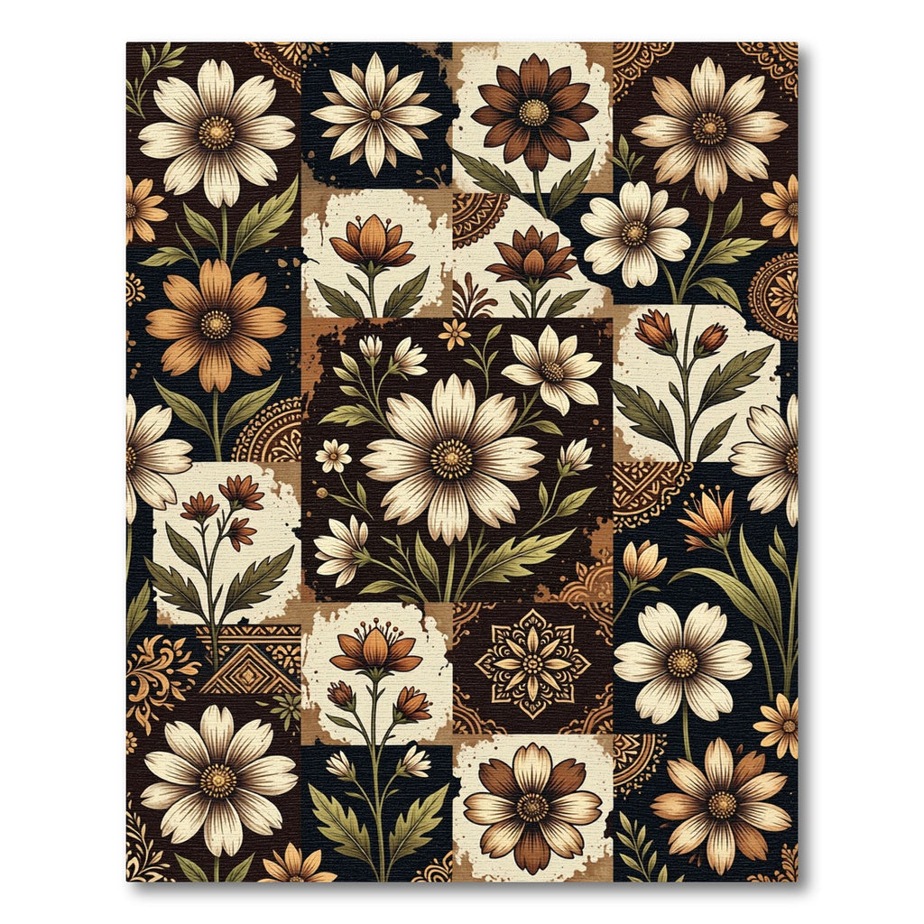 Earthy Floral Patchwork Botanical Tile Rug