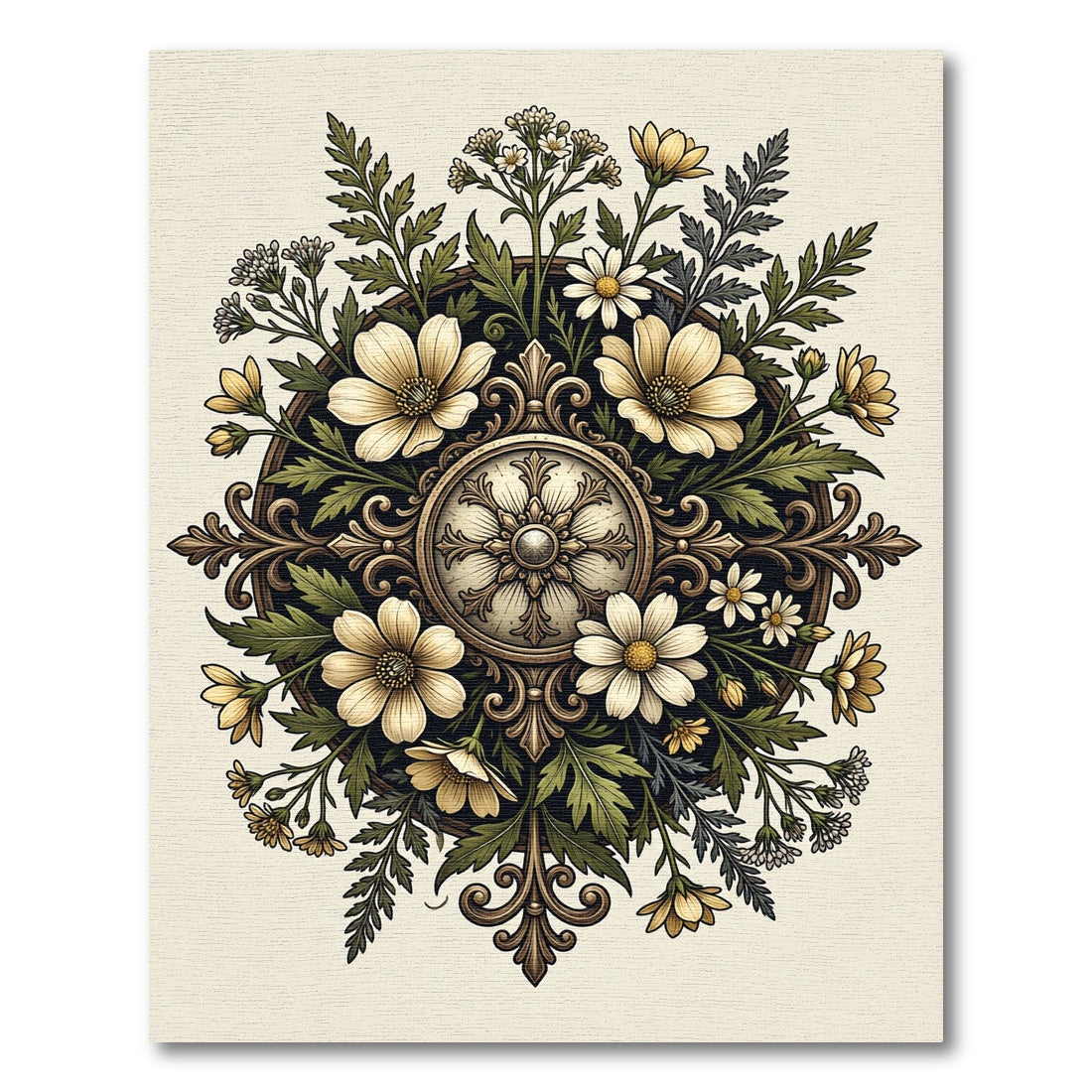 Elegant Cream Botanical Medallion Floral Rug