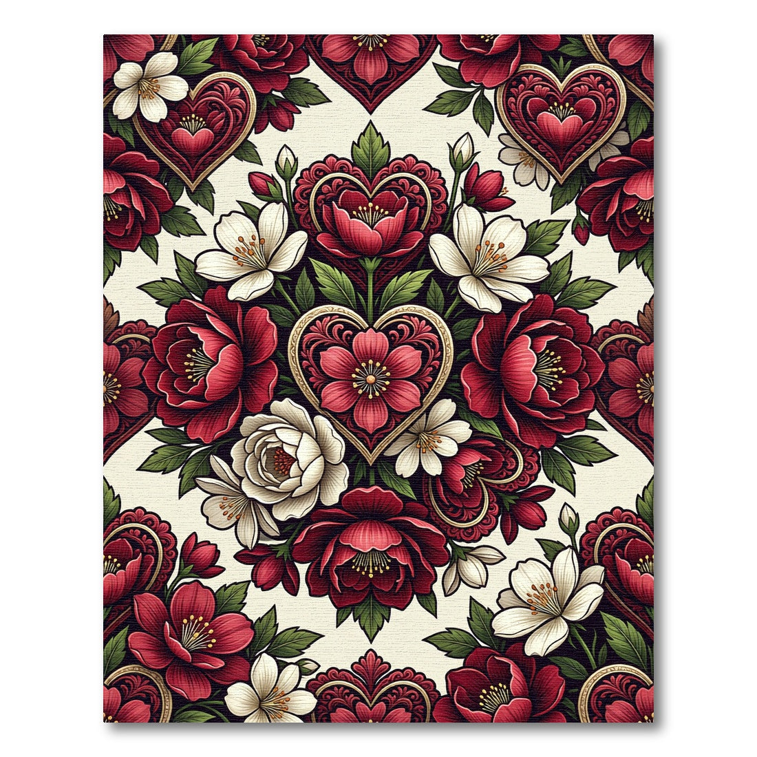 Crimson White Floral Heart Bouquet Rug