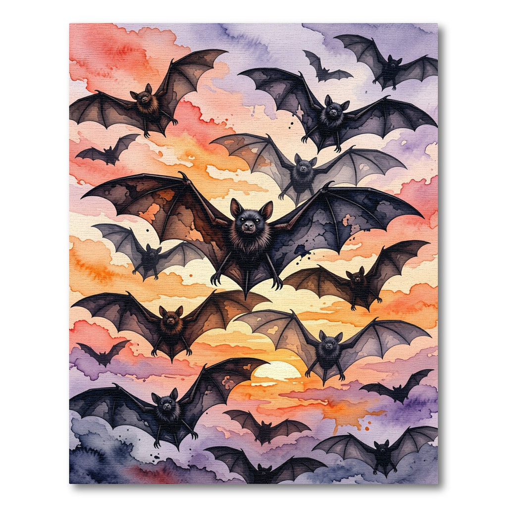Watercolor Twilight Bat Flock Sunset Rug