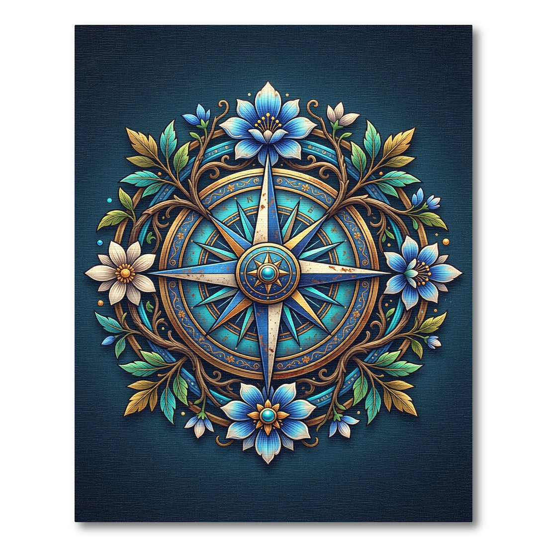 Botanical Blue Compass Floral Medallion Rug