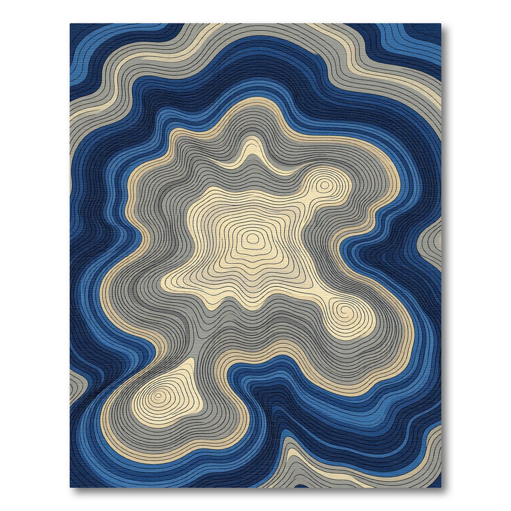 Blue and Cream Abstract Topographic Line Rug