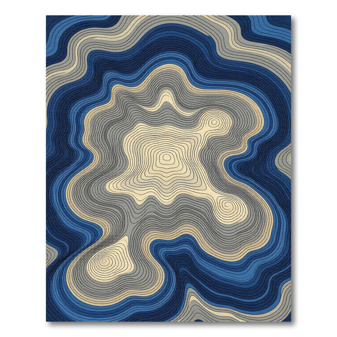 Blue and Cream Abstract Topographic Line Rug