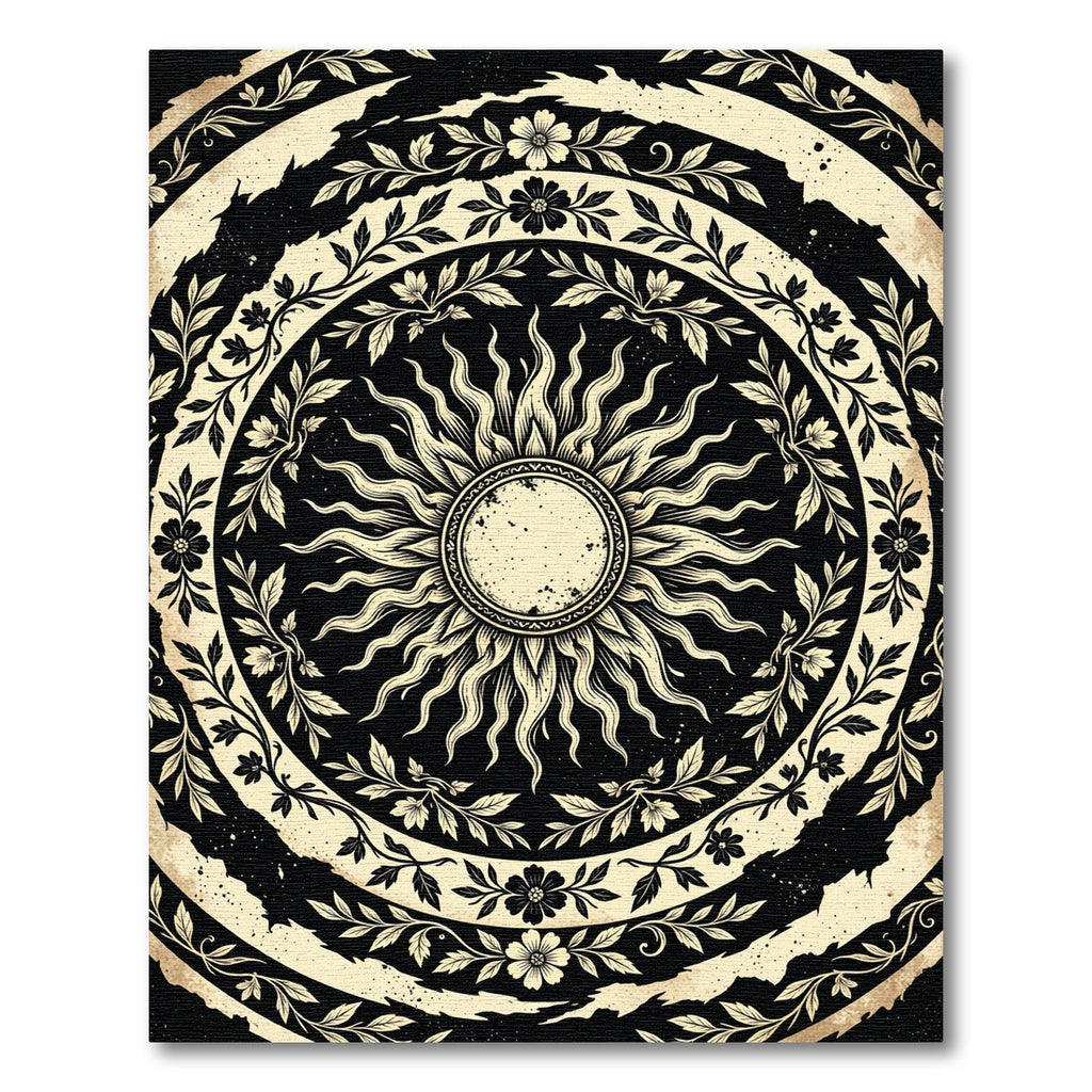 Celestial Sun Floral Cream Black Round Rug