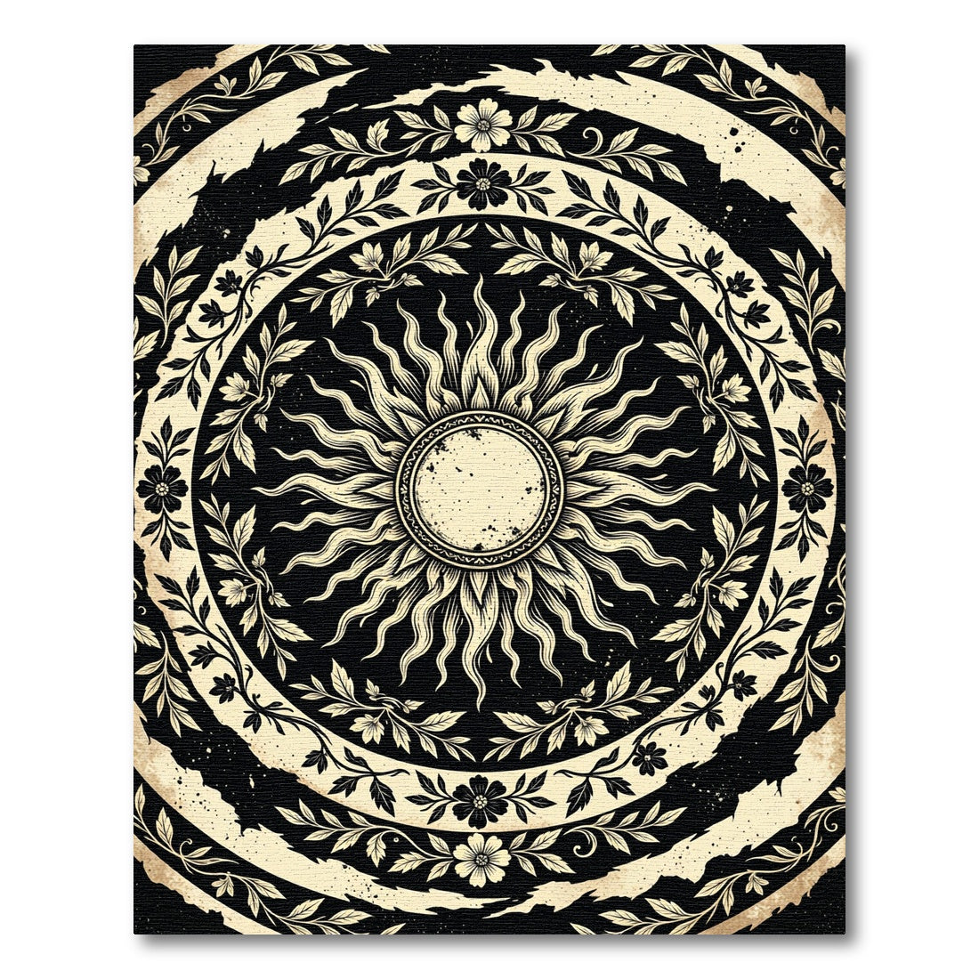 Celestial Sun Floral Cream Black Round Rug