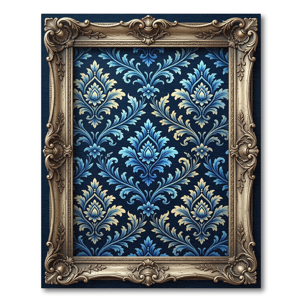 Blue Ornate Damask Scroll Accent Rug