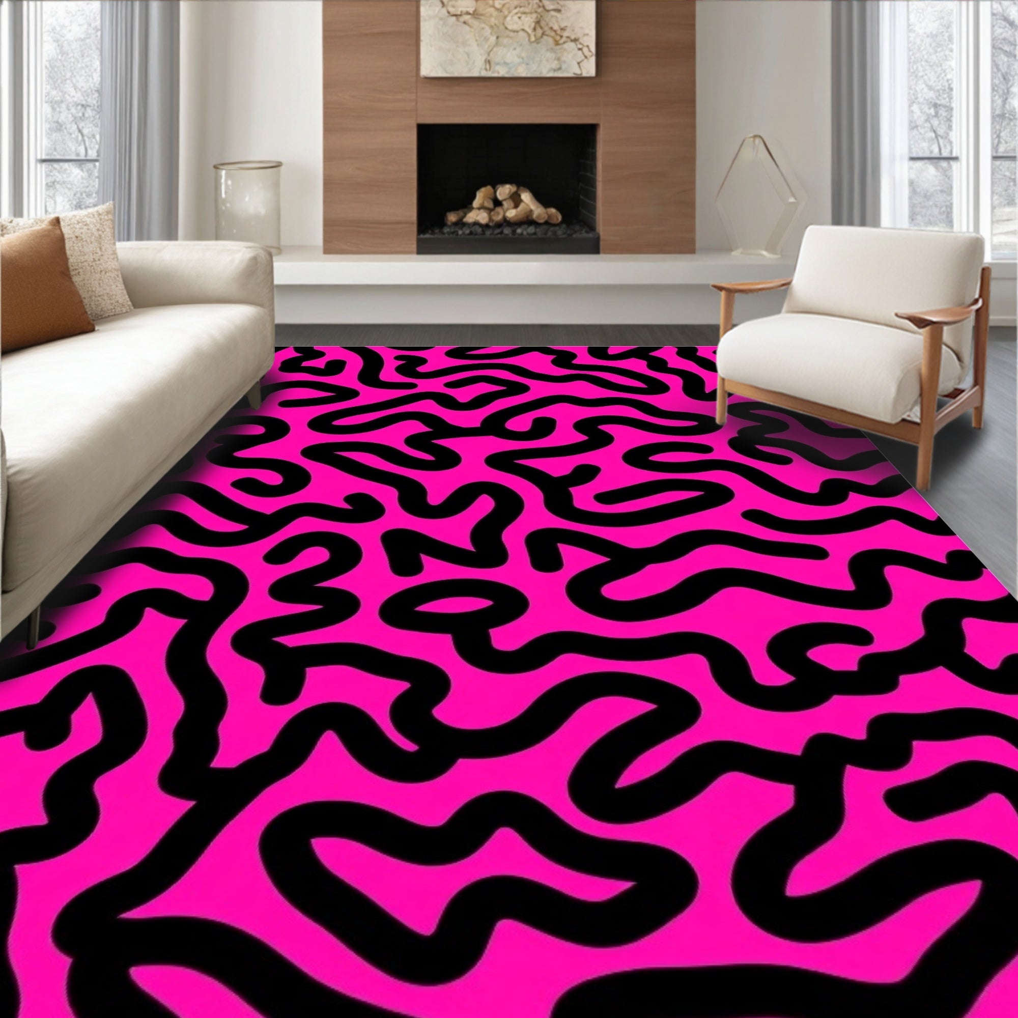 Bold Black Scribble Pattern Rug